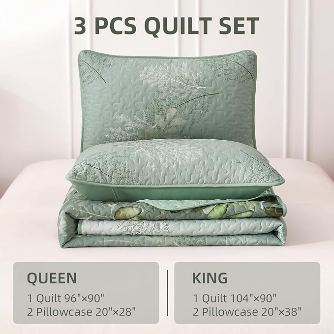 WONGS BEDDING Green Quilt Set King Size,3 Pieces Green Floral Bedspread Coverlet Set, Soft Microfiber Lightweight Floral Bedding Set King 104"×90"