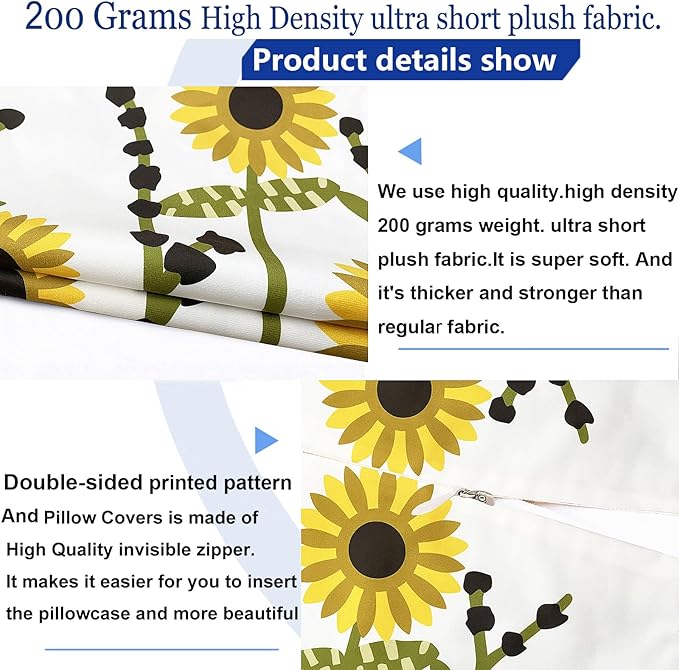 Decorative Throw Pillow Covers Set of 2 Sunflower Pillow Covers 20x20 inch Super Soft Short Plush Floral Square Throw Pillows,Farmhouse Outdoor Pillow Covers for Couch Sofa Bed Living Room