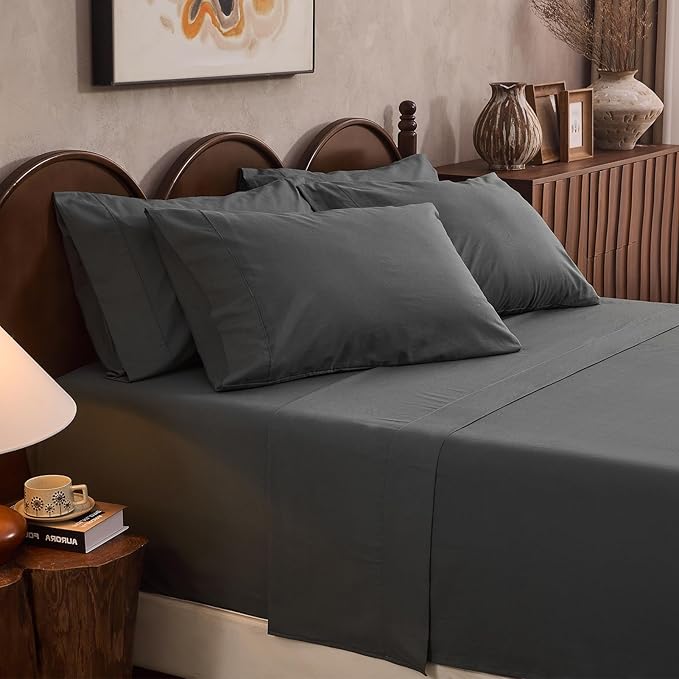 100% Linen Sheet Set Cal King Size Extra Deep Pocket Fits 18-24 Inch Mattress, Breathable & Soft, Smooth 6-Piece Set for Thick Mattresses Hotel Luxury Bedding（Cal King, Dark Grey）