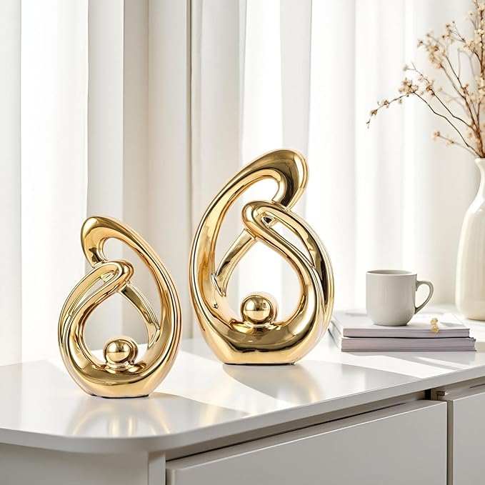 XMGZQ Home Decor Accent,Porcelain Art Mid Century Bookshelf Decorations,Gold Centerpieces for Tables,Abstract Ceramic Statue Sculpture for Coffee Table Mantel Tv Stand Centerpieces (Gold, Small)
