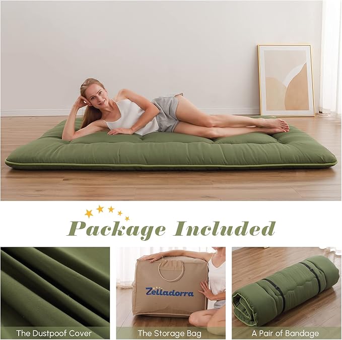 Japanese Floor Mattress, Futon Mattress with Portable Storage Bag and Washable Cover, Roll Up Thick Tatami Mat Suitable for Camping, Guest Room, Green, Queen
