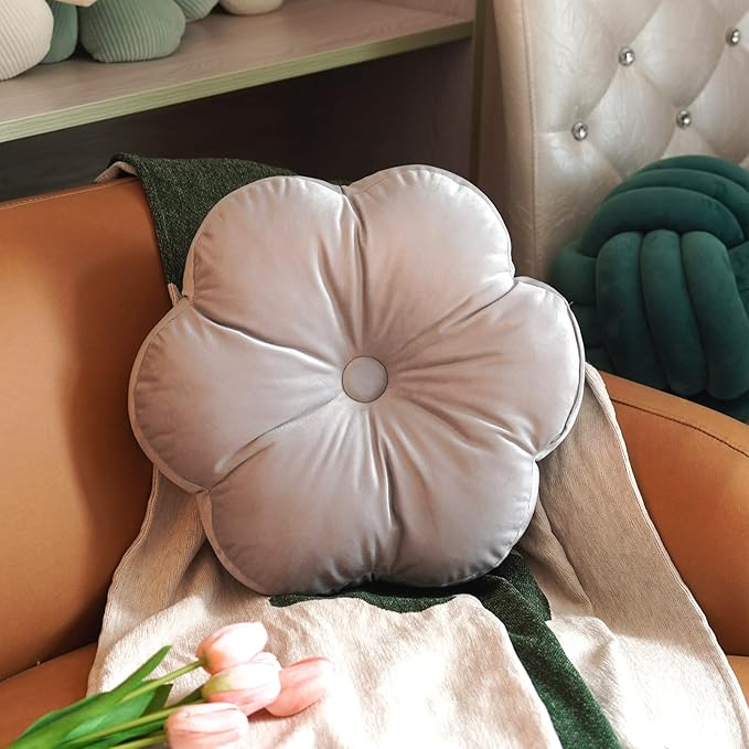 ARTMAGIC Flower Shaped Velvet Decorative Throw Pillow Cushion Ultra Soft Cute Floor Pillow for Couch Bed Sofa (Light Grey)