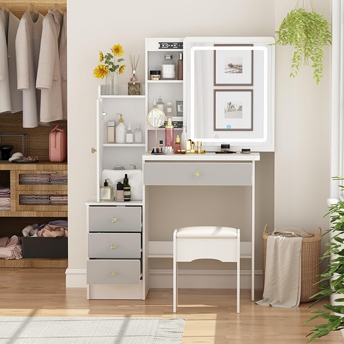 FAMAPY Vanity Desk with Mirror and Lights, Vanity Makeup Desk with Sliding Lighted Mirror, Vanity Mirror Makeup Desk with Cushion Stool, Drawers and Shelves, White and Grey