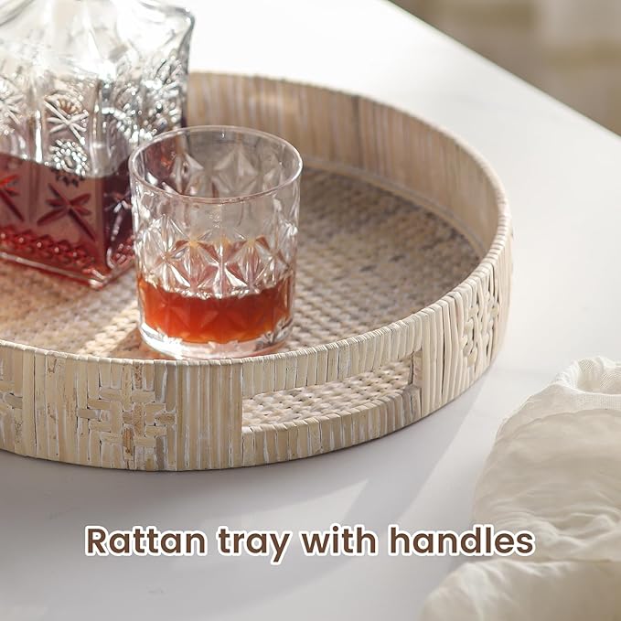 Round Rattan Tray, Wicker Decorative Tray for Coffee Table Decor, Large Wicker Serving Trays with Handles for Iving Room, Home and Kitchen Decor 13.2 inch, White