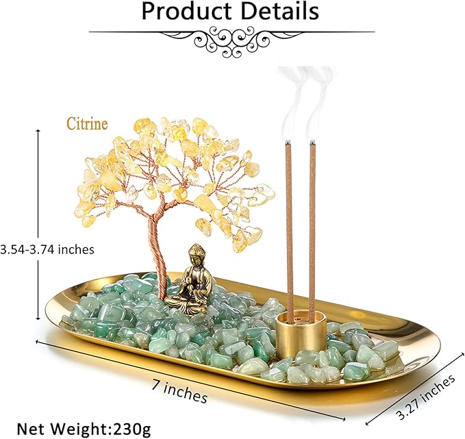 Jovivi Crystal Incense Holder for Sticks, Citrine Healing Crystal Stone Money Tree Buddha Statue Set Incense Burner, Incense Trays for Wealth, Good Luck,Yoga Meditation Home Decor
