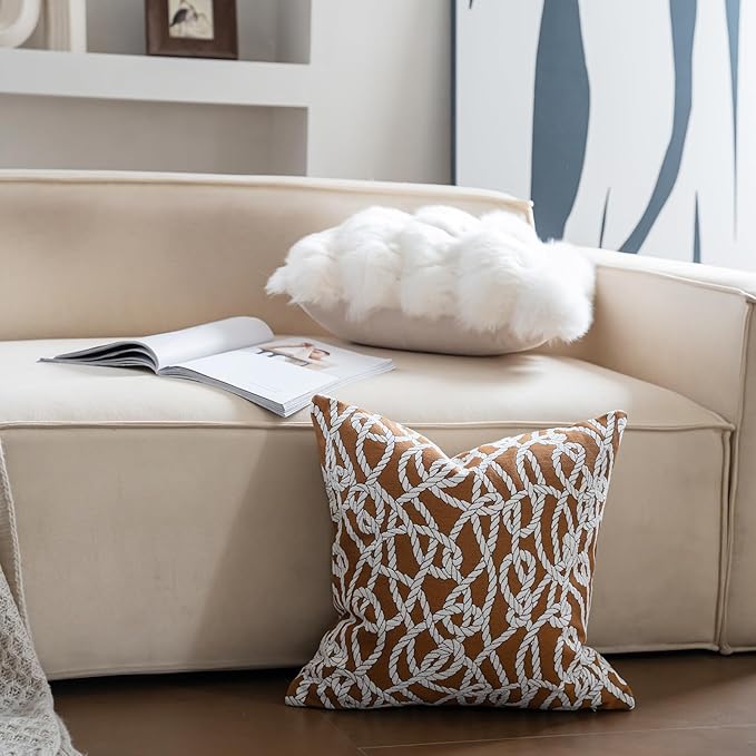 Premium Throw Pillow Covers 18x18 Inches - Tawny Birch Ropetide Knot Chenille Jacquard Embroidery Decorative Couch Pillow Covers for Living Room Bedroom Sofa Home Décor