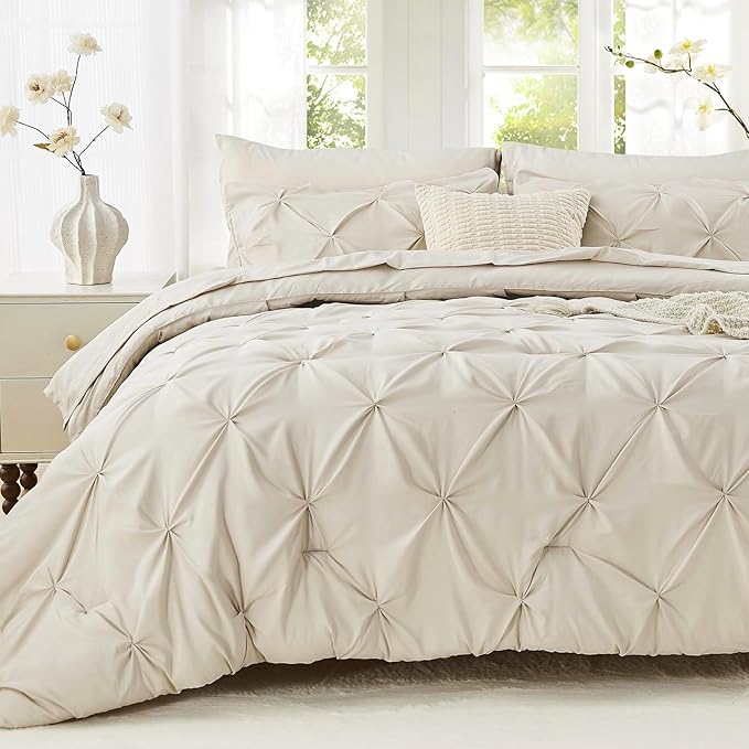 Sasttie King Size Comforter Set, 7-Piece Bed in a Bag, Pintuck Bedding Set for All Season, Includes Comforter, Flat Sheet, Fitted Sheet, Pillowcases and Pillowshams, Beige