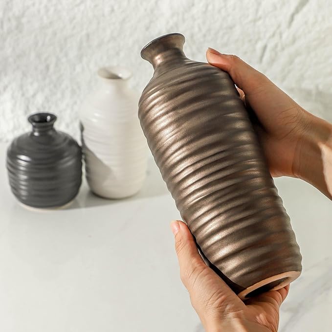 Ceramic Vase Set of 3 Neutral Decorative Vase for Farmhouse, Boho, or Rustic Home Decor Pottery Vases for Living Room Bathroom Table Mantel Fireplace Entryway Shelf (01-Metallic)