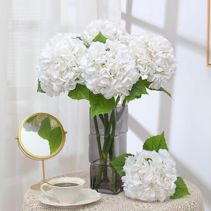 Nubry 22.44In White Hydrangea Artificial Flowers,4Pcs Latex Faux Real Touch Large Hydrangea Flowers with Long Stems & Leaves for Home Office Decor Wedding Party Arrangements(White)