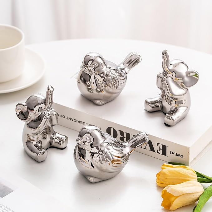 Set of 2 Small Birds Statues Silver Home Decor Modern Boho Style Figurine Decorative Ornaments for Living Room, Bedroom, Office Desktop, Cabinets, Shelf