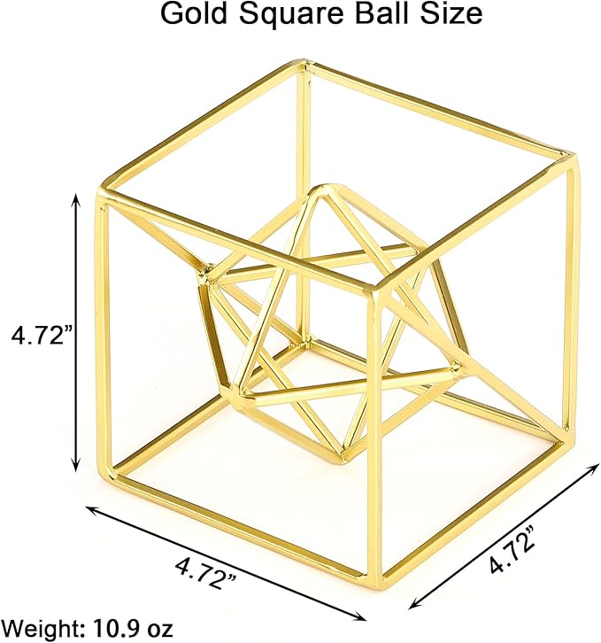 Gold Metal Geometric Sculpture Orb, 4.72" Modern Square Abstract Decorations Objects, Iron Golden Spheres Decorative Balls for Home Office Table Bookshelf Living Room Bedroom Desk Decor