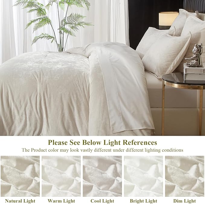 Ivellow Crushed Velvet Comforter Set King Ivory Comforter Set 5pcs Ultra Soft Lightweight Breathable Bedding Set Luxury Cozy Flannel Comforter King Size (1 Comforter,2 Pillow Shams, 2 Euro Shams