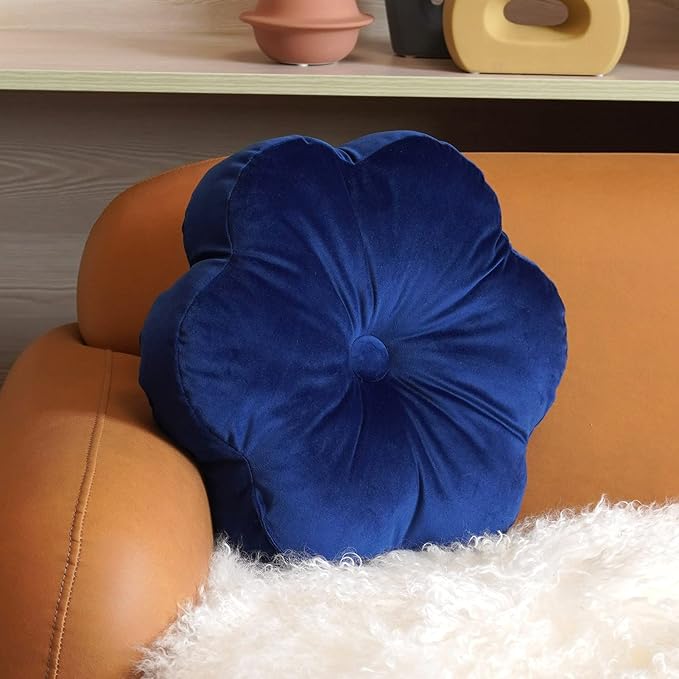 ARTMAGIC Flower Shaped Velvet Decorative Throw Pillow Cushion Ultra Soft Cute Floor Pillow for Couch Bed Sofa (Navy Blue)