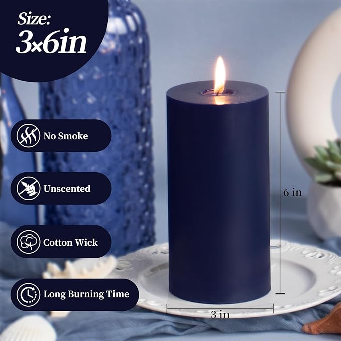 KONNI Navy Blue Pillar Candles Set of 3, 3"x 6" Unscented Pillar Candles Bulk, 56 Hours Long Burning Candles, Smokeless&Dripless Large Round Candle for Wedding, Home Decoration, Parties, Spas, Dinner