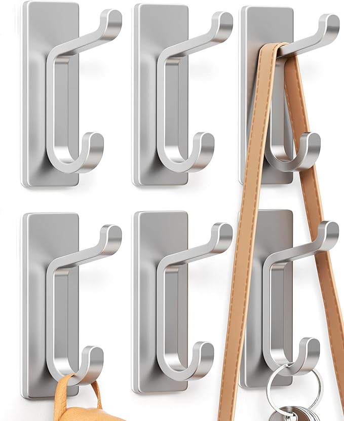 Wall Hooks for Coat and Towel: 13LB Adhesive Door Hanger Stick on, Silver 6 Pack