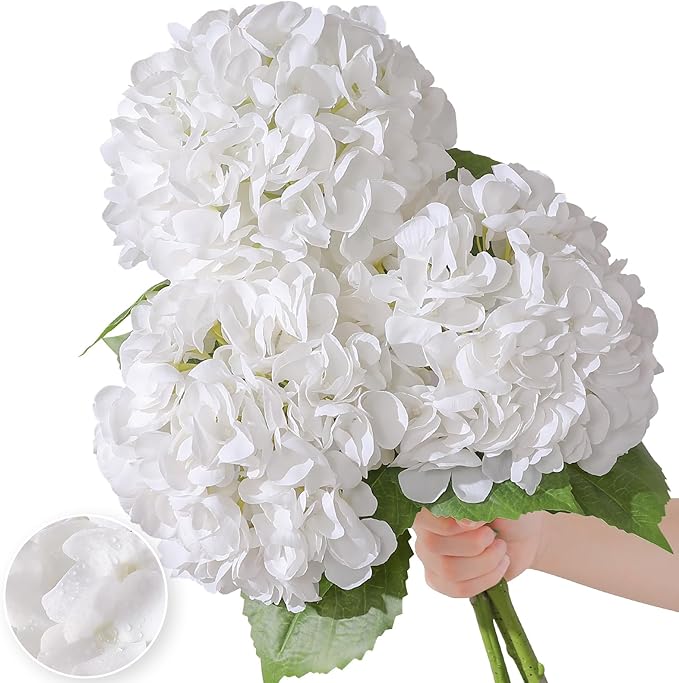 Nubry 22.44In White Hydrangea Artificial Flowers, 3Pcs Latex Faux Real Touch Large Hydrangea Flowers with Long Stems & Leaves for Home Office Decor Wedding Party Arrangements(White)