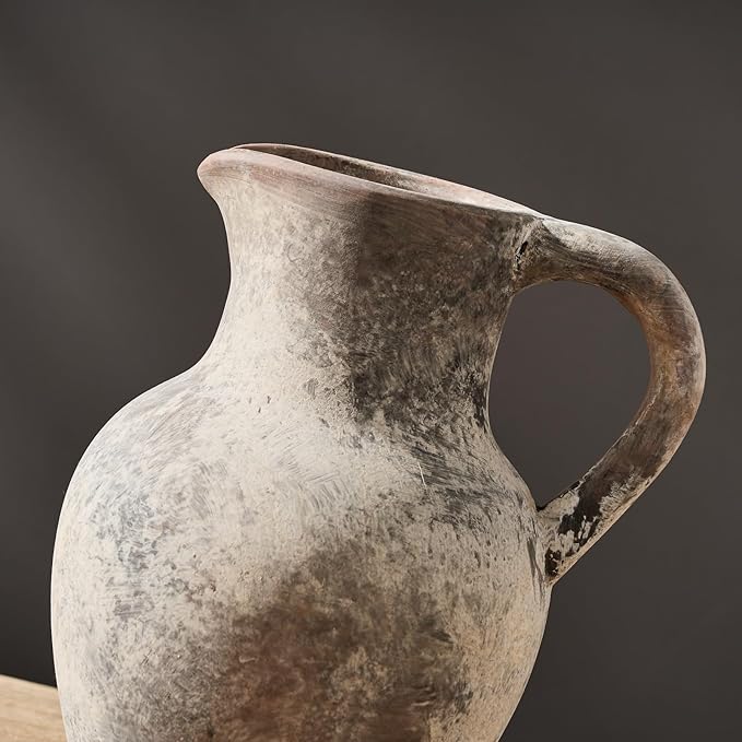 SIDUCAL Ceramic Rustic Farmhouse Vase with Handle, Terracotta Vase, Minimalist Decorative Vases for Home Decor, Table, Living Room, Shelf, Christmas Decoration(Gray)