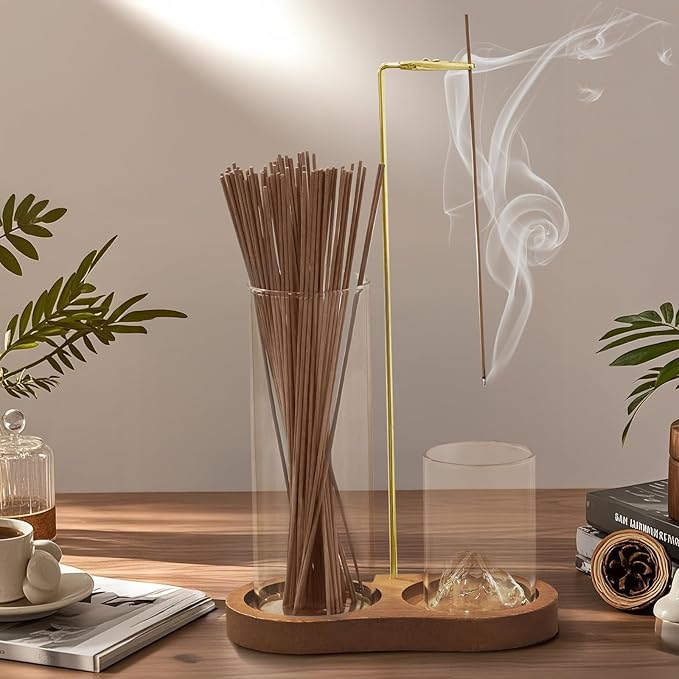 2-in-1 Glass Incense Holder for Sticks, Wooden Incense Burner with Ash Catcher & Incense Storage, Anti-Ash Flying Incense Stick Holder for Meditation, Yoga, Spa, and Home Decor(Natural Wood)
