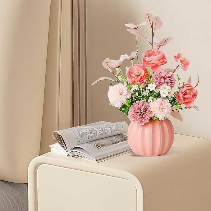 Artificial Flowers, Fake Flowers in Vase, Silk Flowers with Ceramic Vase, Faux Flowers Arrangement for Homes, Restaurants Decoration Dining Table Centerpiece Decor (Pink)