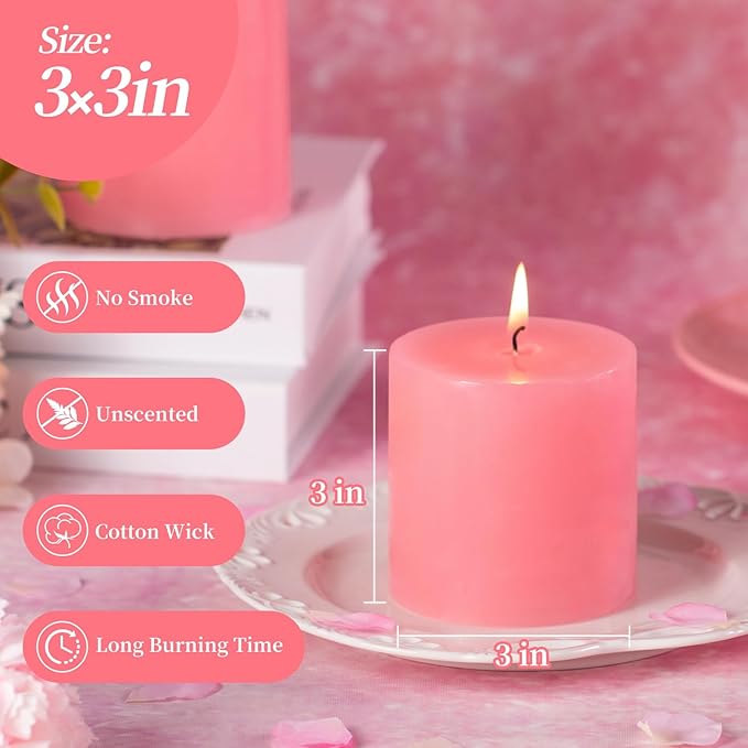 KONNI Pink Pillar Candles Set of 3, 3"x 3" Unscented Pillar Candles Bulk, 30 Hours Long Burning Candles, Smokeless&Dripless Large Round Candle for Wedding, Home Decoration, Parties, Spas, Dinner