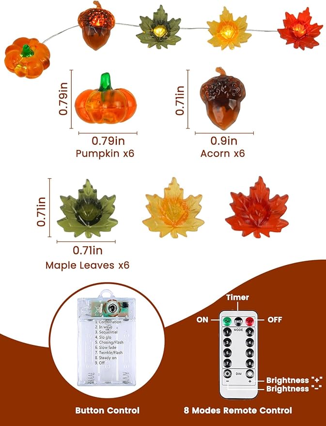 2 Pack 60LED Fall Decoration 3D Pumpkin Acorn Maple Leaf String Light Battery Operated, 20FT Fall Lights with Remote, Waterproof 8 Modes Fairy Lights for Autumn Harvest Thanksgiving Halloween Decor