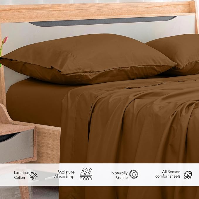 Royale Linens 300 Thread Count 100% Long Staple Combed Cotton Flat Sheet - Super Soft - Top Sheets - Full Flat Sheet Sold Separately - Breathable, Cool & Crisp Percale Sheets Only (Twin XL, Chocolate)