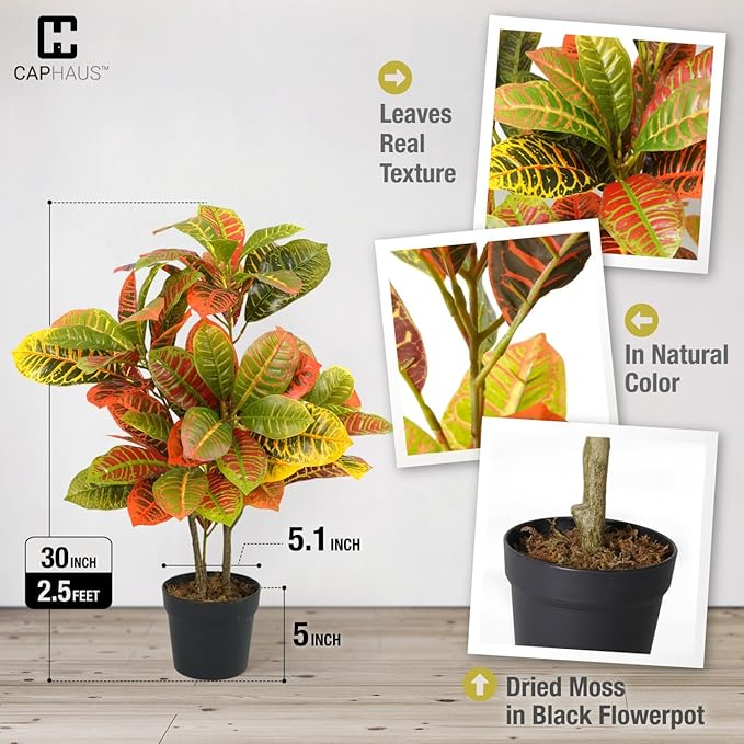Fencer Wire 30 Inch Artificial Topiary Croton Tree, UV Resistant Artificial Outdoor Plants, Faux Bushes and Shrub, Fake Trees in Pot with Dried Moss, Artificial Plants for Front Porch, Indoor, Outdoor
