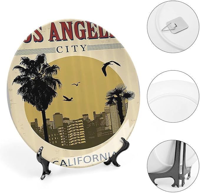 XISUNYA 6 Inch Decorative Plate, Vintage Tableware Plate, Los Angeles City from California Birds Vacation Journey Design Print Ceramic Wall Hanging for Home Office Party Dinner Table Decor