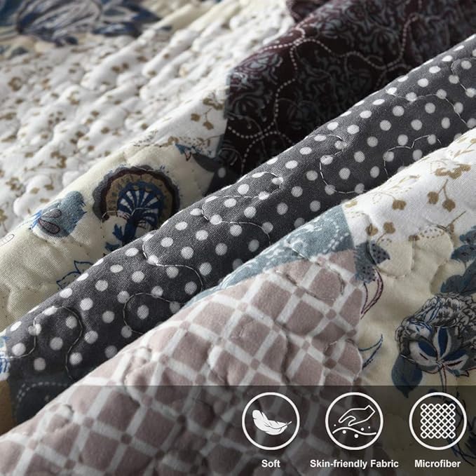 Travan 3-Piece Queen Quilt Set Quilted Bedspread Oversized Microfiber Lightweight Coverlet Set with Shams Reversible Printed Coverlet Bedding Set for All Season, Slate Blue, Queen Size
