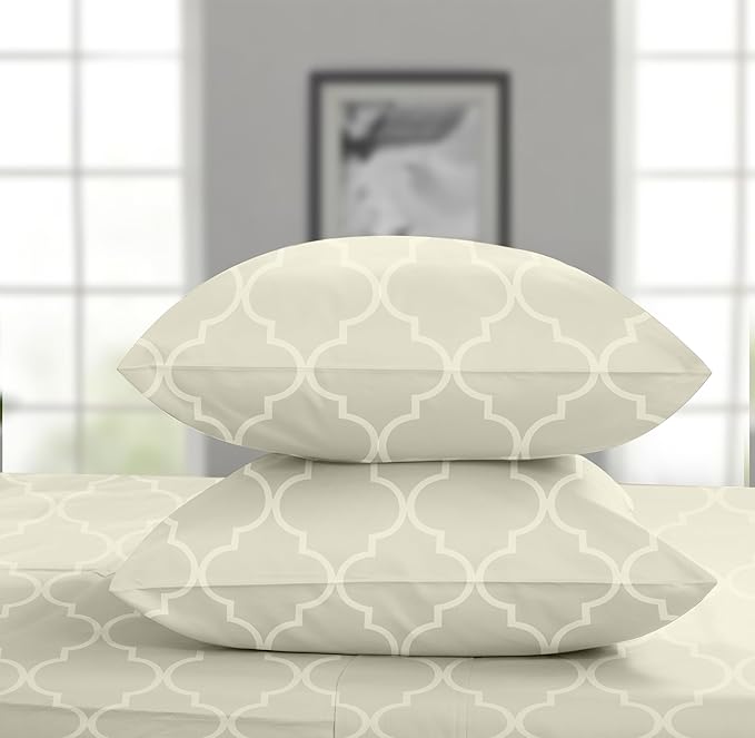 Threadmill 100% Cotton Sheets for King Size Bed | 4 Pc King Bed Sheets Set | Soft, Breathable Lightweight Damask Sateen for All-Season Use | Snug Fit Elastic Deep Pocket King Sheets | Ivory