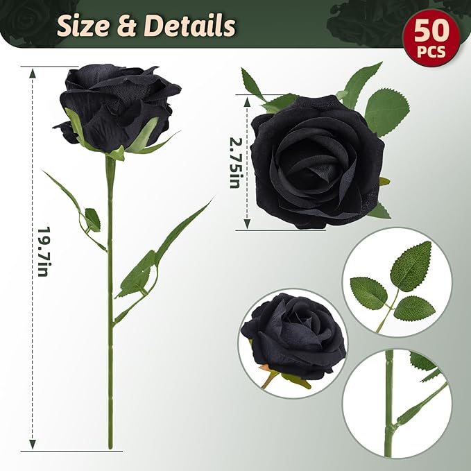 Black Roses Artificial Flowers 50 Pack in Bulk, Fake Roses Flowers Realistic Roses for Halloween Gothic Wedding Home Party Decoration Event Gift (Black)