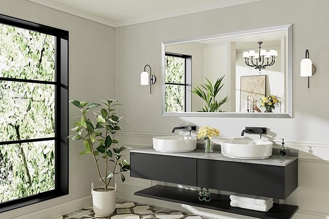 60x36 Inch Brushed Nickel Bathroom Mirror for Wall, Thick Metal Framed Rectangle Mirrors for Over Sink, Bedroom, Living Room, Entryway, Anti-Rust, HD Tempered Glass
