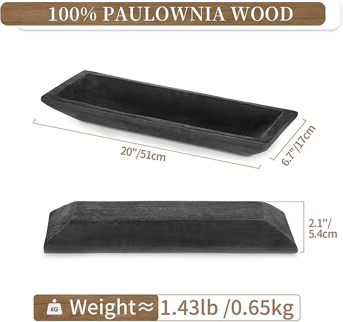 Hanobe Decorative Wood Dough Bowl: Large Long Wooden Bowl for Entry Way Table Home Decor - Coffee Table Decor for Living Room - Dining Table Centerpiece Decor, Black