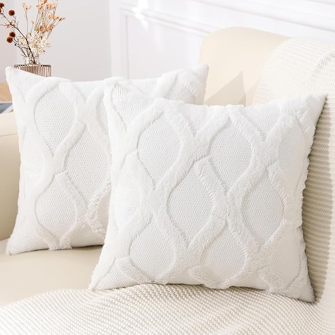 decorUhome Christmas Throw Pillow Covers 18x18 Inch Set of 2, Soft Plush Faux Fur Wool Cream White Couch Pillow Covers, Decorative Neutral Pillow Cases for Bed Sofa Living Room Home Decor