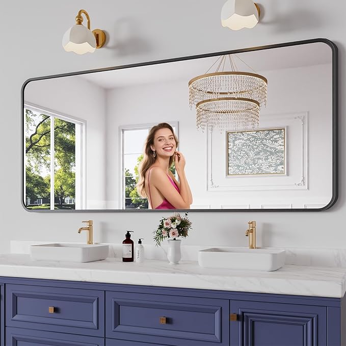Koonmi Bathroom Mirror, 32X72 Inch Black Metal Framed Mirror for Bathroom, Tempered Glass, Anti-Rust, Rounded Rectangle Mirror for Restroom, Bedroom, Black