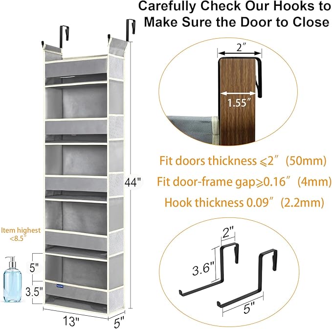 2 Pack Over The Door Hanging Organizer 5-Shelves and 10 Side Pockets, Over The Door Storage for Bathroom and Bedroom, Back of Door Organizers for Baby Products and Kid's Toys(13"x5"x44" Grey)