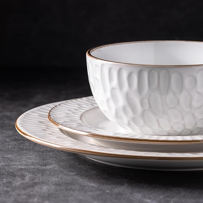 GBHOME Ceramic Dinnerware Sets, 24 pcs Embossed Elegant Stoneware Plates and Bowls Sets, Housewarming Wedding Gift | Dishwasher & Microwave Safe | Dishes Set Service for 8