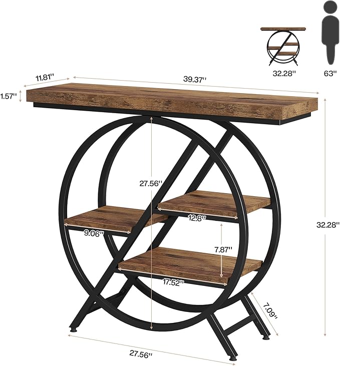 Tribesigns Console Table, 40-Inch Entryway Table with Storage Shelves, 4-Tier Industrial Hallway Sofa Table with Geometric Metal Frame, Accent Table for Living Room, Entryway, Rustic Brown