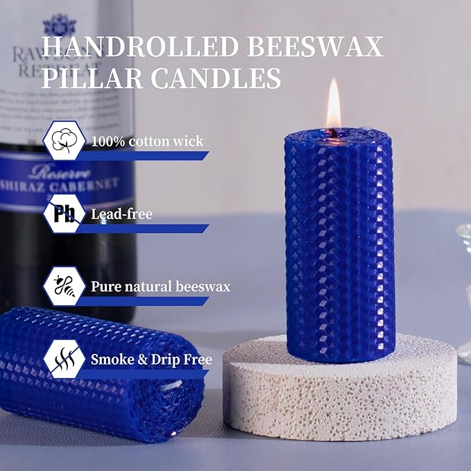 KONNI Beeswax Blue Pillar Candles Set of 3, 2"x 4" Unscented Pillar Candles Bulk, 20 Hours Long Burning Candles, Smokeless&Dripless Large Round Candle for Wedding, Decoration, Parties, Spas, Dinner