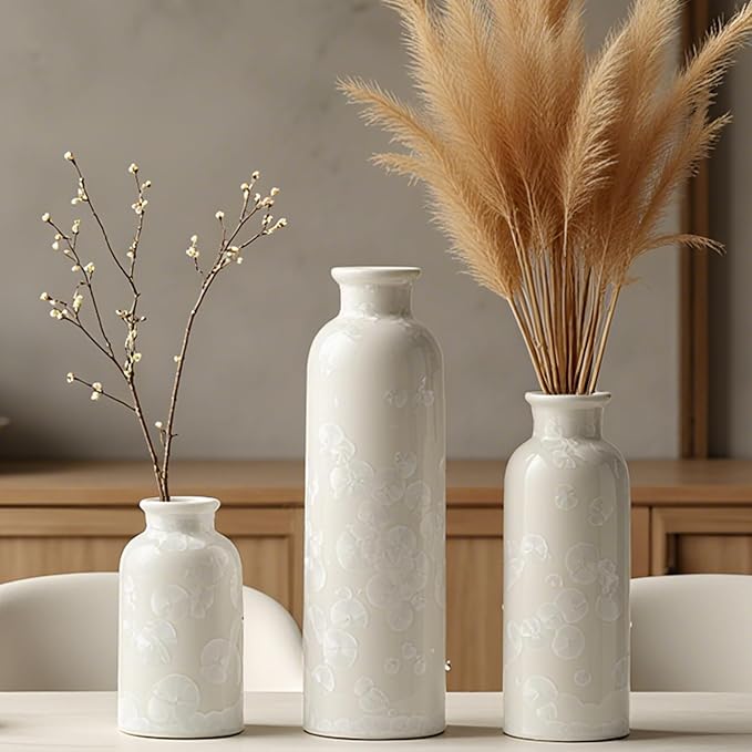 Modern Ceramic Vase Set of 3, Neutral Colors, Decorative Bottles for Home, Farmhouse Rustic Decor (Crystalline Glaze White)