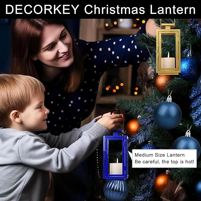 DECORKEY Christmas Decorations Outdoor&Indoor, 17''&13'' Set of 2 Blue Decorative Candle Lanterns, Modern Hanging/Tabletop Candle Holders for Christmas Home Porch Patio Wedding Decor