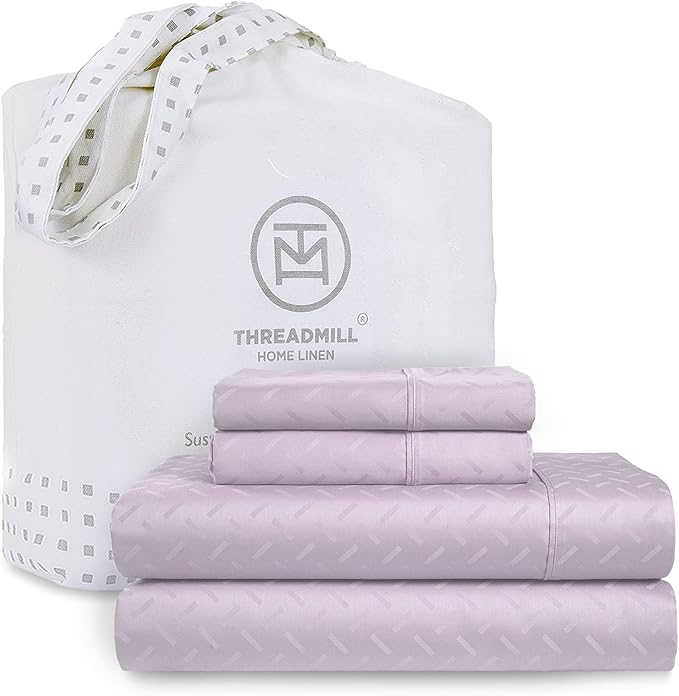 Threadmill Cotton Twin XL Sheet Set | 100% Cotton Sheets for Twin XL Size Bed | Damask Jacquard Sateen Twin XL Bed Sheets Set with 16” Deep Pocket | Soft Breathable 3-Piece Cooling Sheet Set | Lilac