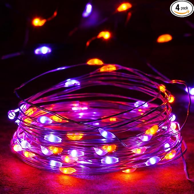 4-Pack 50 LED Orange and Purple Fairy Lights Battery Operated with Timer, 16FT Waterproof Starry Halloween String Lights Outdoor Indoor for Bedroom Wedding Birthday Halloween Horror Parties Decoration