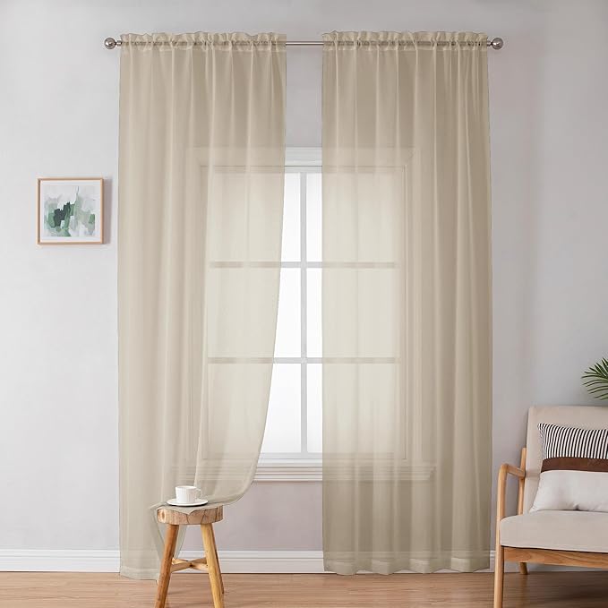 OWENIE Sheer Curtains 72 Inches Long for Bedroom Living Room, Rod Pocket Fimly Solid French Door Curtains Set of 2, Elegant Taupe Voile Curtains Panels Window Treatments, 42" Width