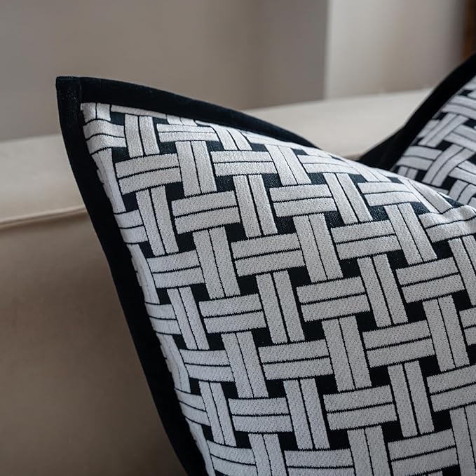 Premium Throw Pillow Covers 22x22 Inches - Black Interlaced Weave Grid Framed Chenille Jacquard Embroidery Decorative Couch Pillow Covers for Living Room Bedroom Sofa