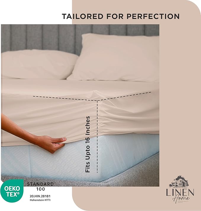 Linen Home 100% Cotton Percale Weave Fitted Sheet, Full Size, Sand Shell, 1 Deep Pocket Fitted Sheet, Fits Mattress Upto 16" Crisp and Cool Strong Bed Linen, 54"X75"+15"