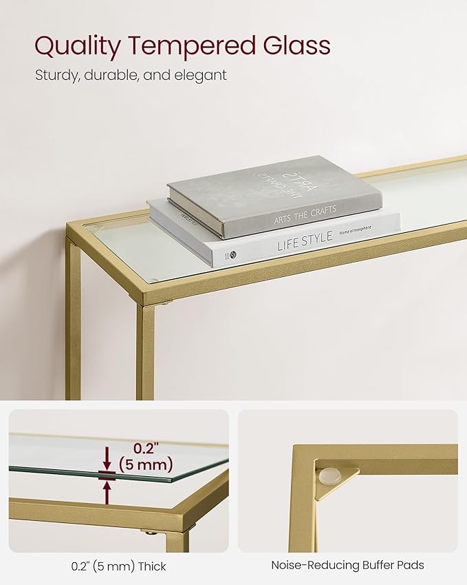 VASAGLE Entryway Table, Console Table, Tempered Glass Tabletop, Modern Sofa Table, Easy Assembly, with Adjustable Feet, for Living Room, Entryway, Pale Gold and Transparent ULGT132A01