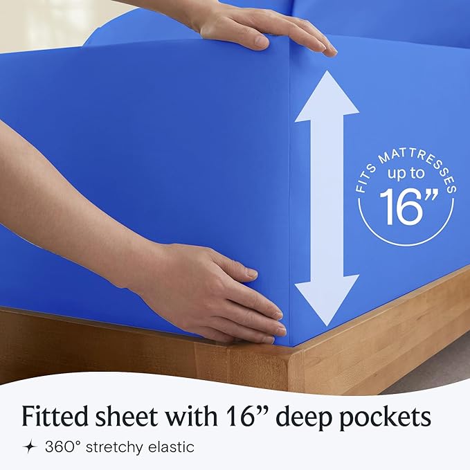LuxClub 5 PC Sheet Set Bed Sheets Deep Pockets 16" Eco Friendly Wrinkle Free Cooling Machine Washable Hotel Bedding Silky Soft - Marine Blue Split King
