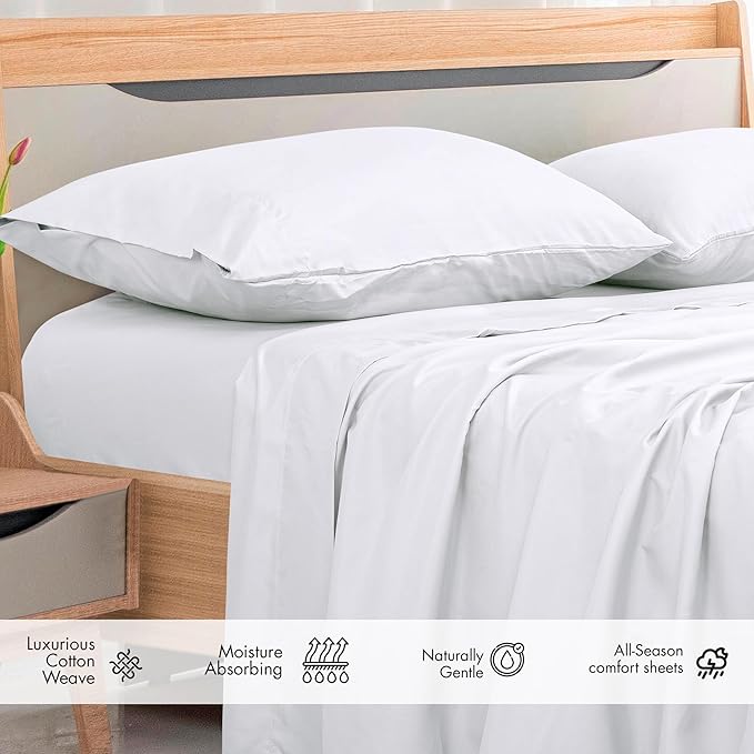 Royale Linens 300 Thread Count 100% Long Staple Combed Cotton Flat Sheet - Super Soft - Top Sheets - Queen Flat Sheet Sold Separately - Breathable, Cool & Crisp Percale Sheets Only (Queen, White)