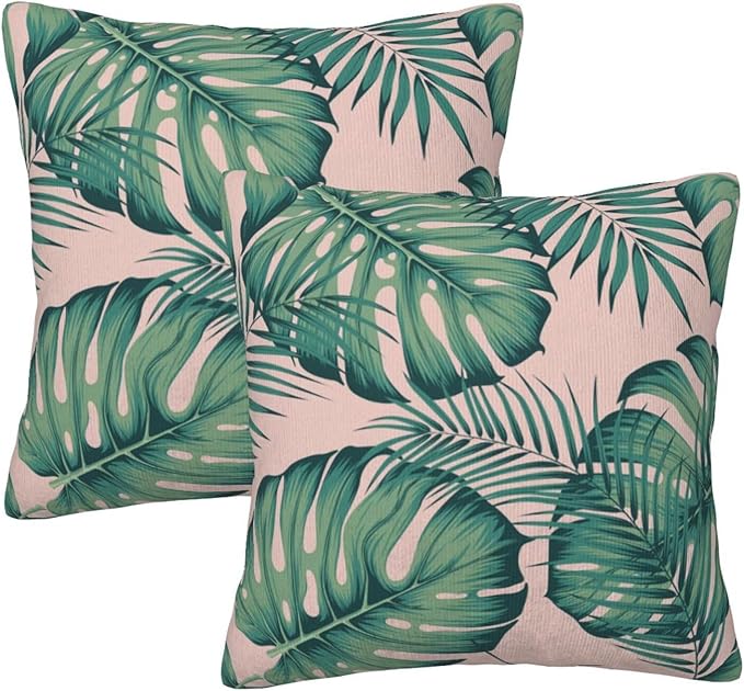 Tropical Palm Leaves Throw Pillow Covers 18x18 Inch Set of 2 Summer Green Leaf Monstera Plant Decorative Pillow Cases Modern Farmhouse Cushion Cases for Home Couch Sofa